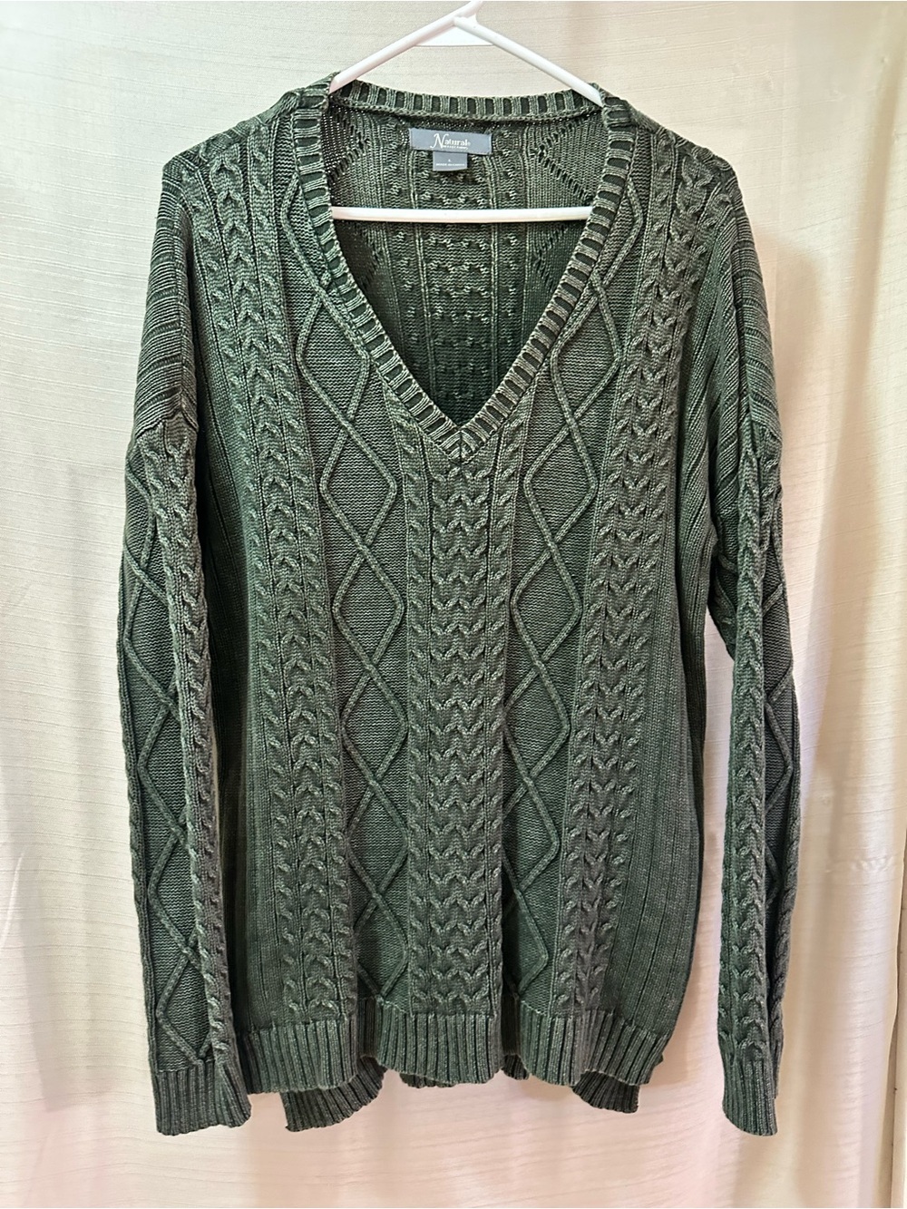 Natural Reflections Cable Knit V Neck Pullover Sweater Olive Green Women’s L